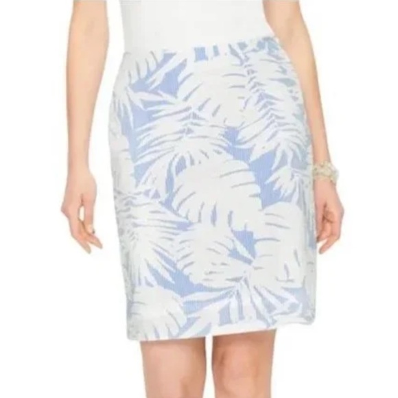 Talbots Tropical Hawaiian Palm Print 100% Cotton Seersucker Blue White Skirt 16 - Picture 1 of 10